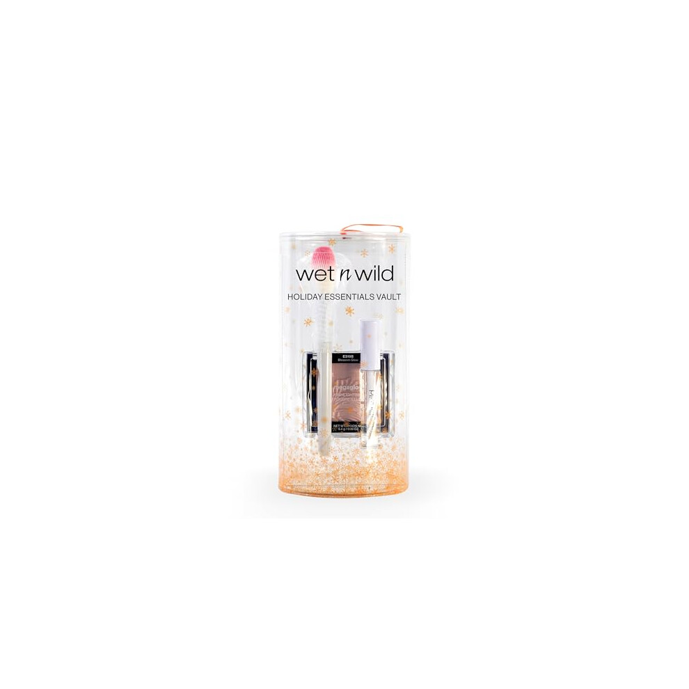 Holiday Essentials Vault, Powder Highlighter, Brush and Clear Mascara Makeup Set for a Glow-Up Look, Easy-to-Blend Formula, Nourishing Mega Clear