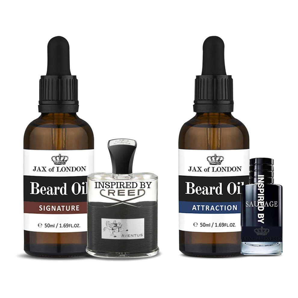 Aventus and Sauvage Inspired Beard Oil 100ml Bundle Pack. Beard Conditioning & Growth Oil Luxury Scented. (Signature and Attraction)