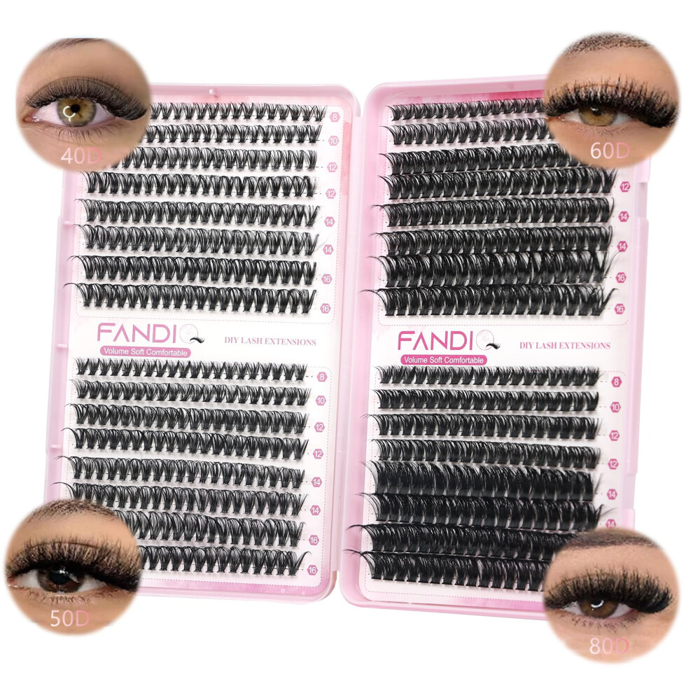 Cluster Lashes Fluffy Individual Eyelashes 624pcs D Curl Individual Cluster Eyelashes 40D+50D+60D+80D Thick Volume Eyelash Clusters Natural Look