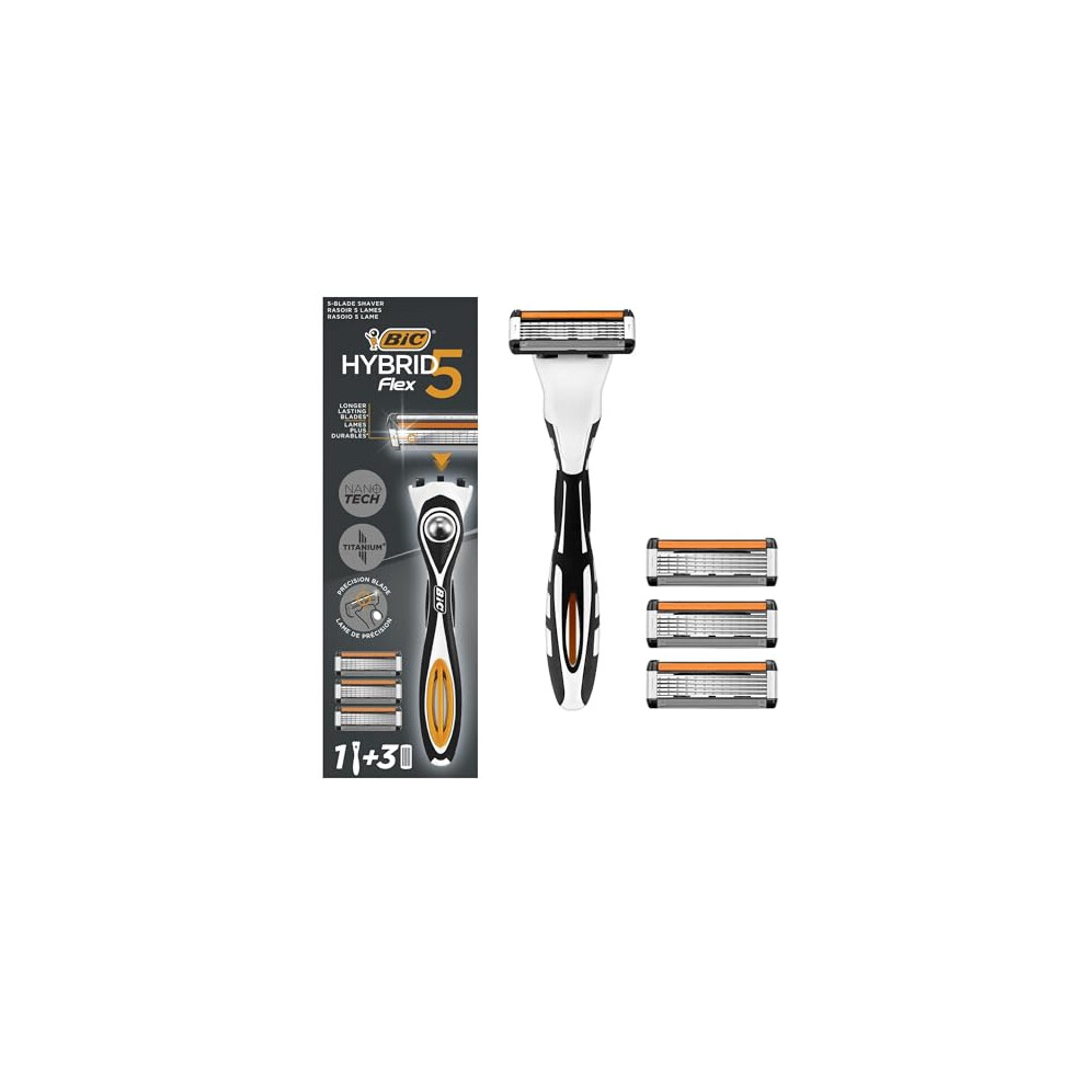 Hybrid 5 Flex Refillable Men's Razor, 1 Weighted Handle and 3 Nano-Tech Titanium Plated 5-Blade Refills with Precision Blade, Bundle of 1 plus 3