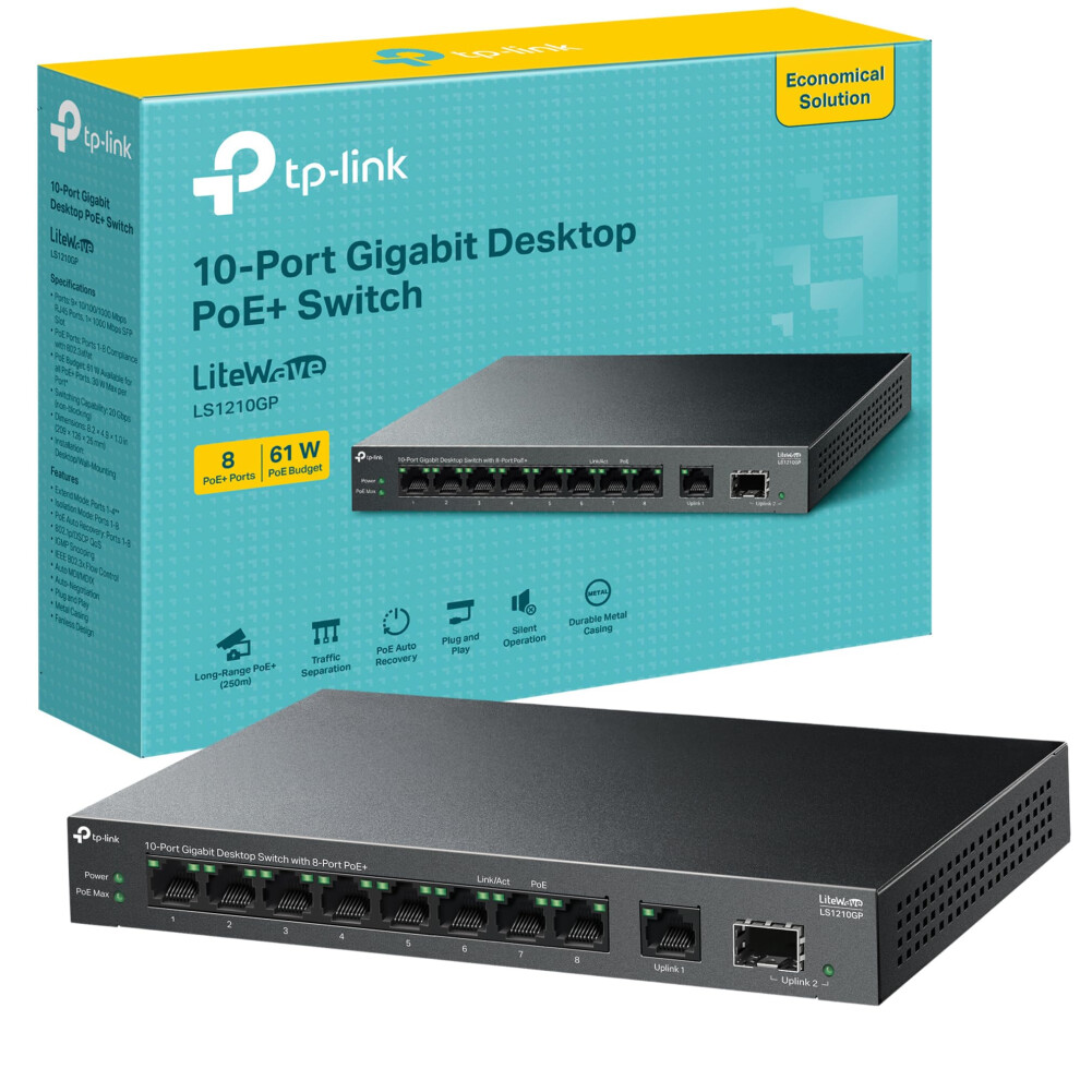 10-Port Gigabit Desktop Switch with 8-Port PoE+, 61 W PoE Budget, 30 W PoE output, Up to 250m PoE Transmission. Traffic Separation, Plug and Play,
