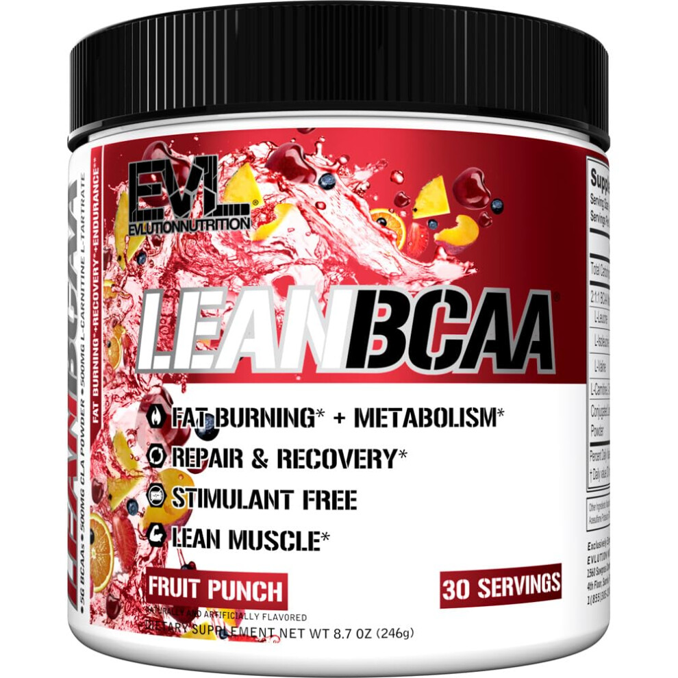 Evlution Nutrition Leanbcaa, Bcaa's, Cla And L-Carnitine, Stimulant-Free, Recover And Burn Fat, Sugar And Gluten Free, 30 Servings (Fruit Punch)