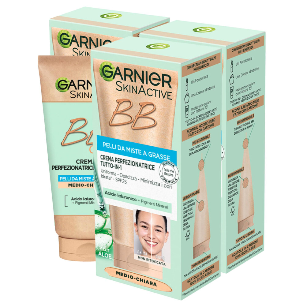 SkinActive BB Cream All in 1 Perfecting Face Cream Combination to Oily Skin SPF 25 Aloe Vera Hyaluronic Acid Moisturising Mattifying Medium-Clear Skin