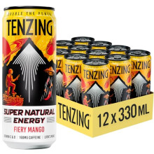 TENZING Super Natural Energy Drink, Fiery Mango, 160MG Caffeine, Vitamin D, Magnesium, Mushrooms, Plant Based, Vegan, & Gluten Free, 330ml (Pack of 12