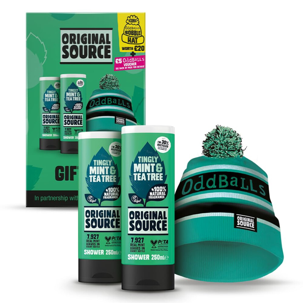 x Oddballs Gift Set, Mint & Tea Tree Shower Gel, Oddballs Bobble Hat, Gifts for Men, Birthday Gift, 100 Percent Natural Fragrance, Vegan, Cruelty Free