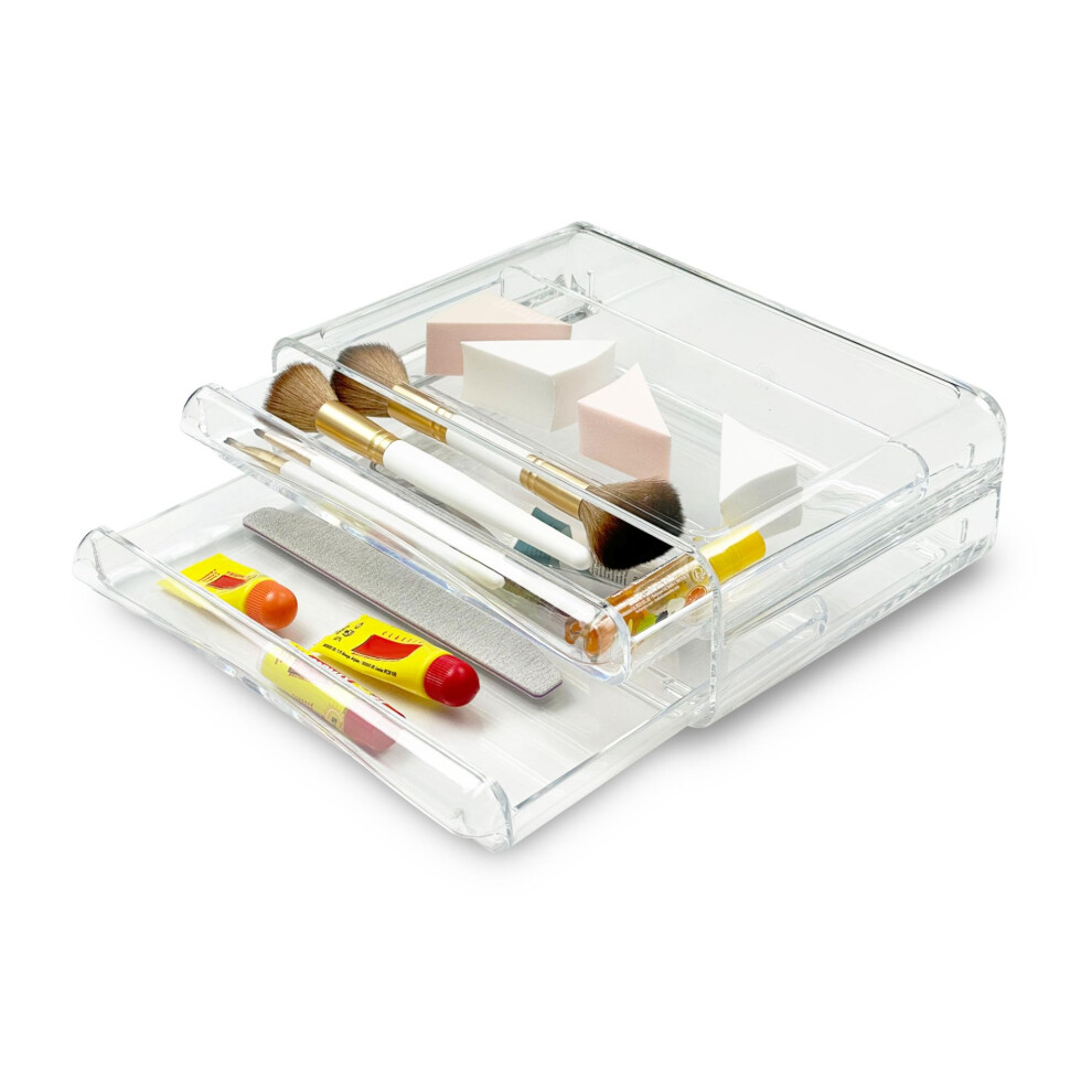Oval Style 2 Pull Out Drawer Clear Acrylic Stationary Cosmetic Storage Organiser Box, Clear Acrylic