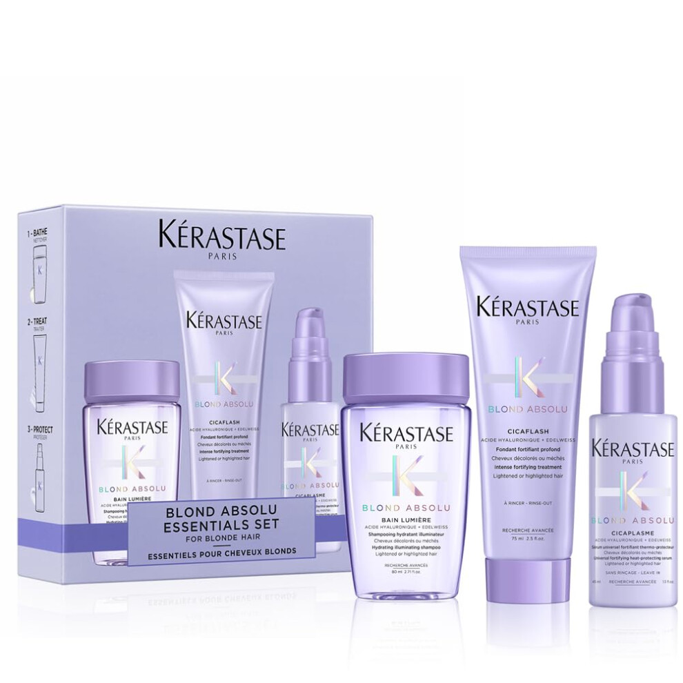Kérastase Blond Absolu Discovery Set, With Illuminating Shampoo, Nourishing Conditioner and Fortifying Heat Protection Serum, With Hyaluronic Acid,