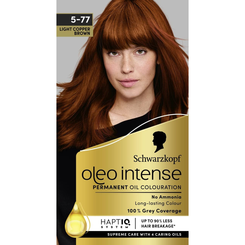 Oleo Intense Permanent Oil Colour 5-77 Light Copper Brown Hair Dye, 100% Grey Coverage, Conditioner with HaptIQ System, Long-Lasting Colour, Ammonia