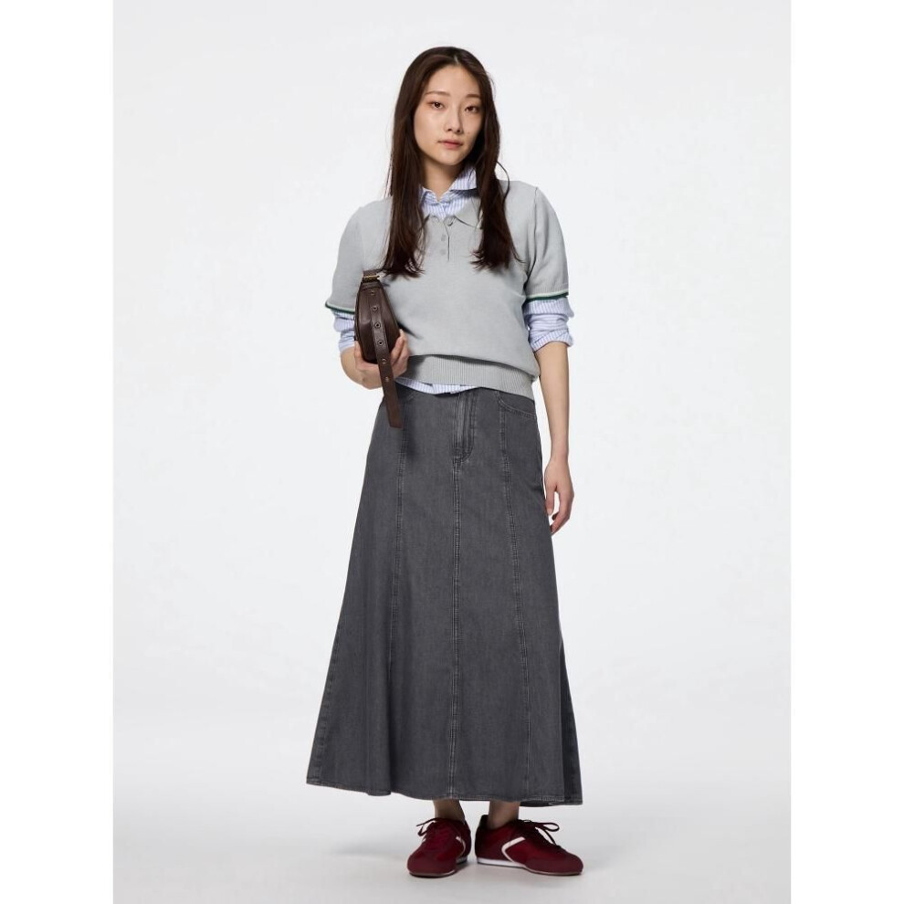(07 GRAY/XS) Gu By Uniqlo Light Denim Flared Maxi Skirt+ec  Short Length