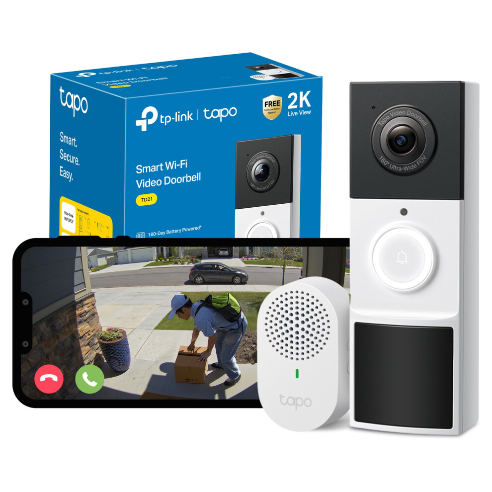 TD21 Battery Video Doorbell Wireless 2K 3MP Ultra-Clear Doorbell Camera, Ring Chime Included, Color Night, 160DFOV Ultra-Wide, TP-Link Free AI