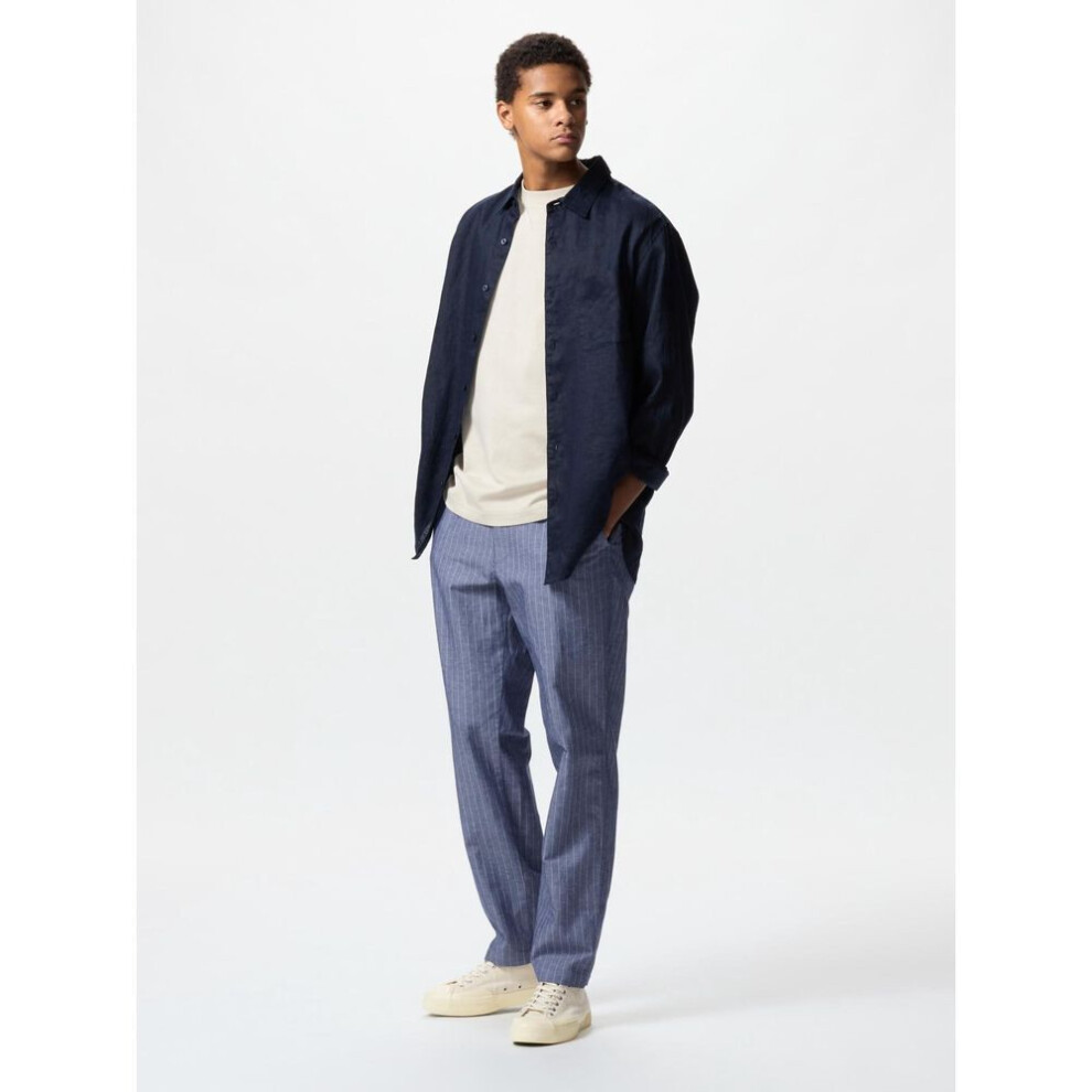 (67 BLUE/M) Uniqlo Japan Linen Blend Easy Pants Stripe