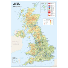 Detailed Physical Map of the United Kingdom of Great Britain and Northern Ireland - Size A2-42 x 59.4 cm - Paper Laminated