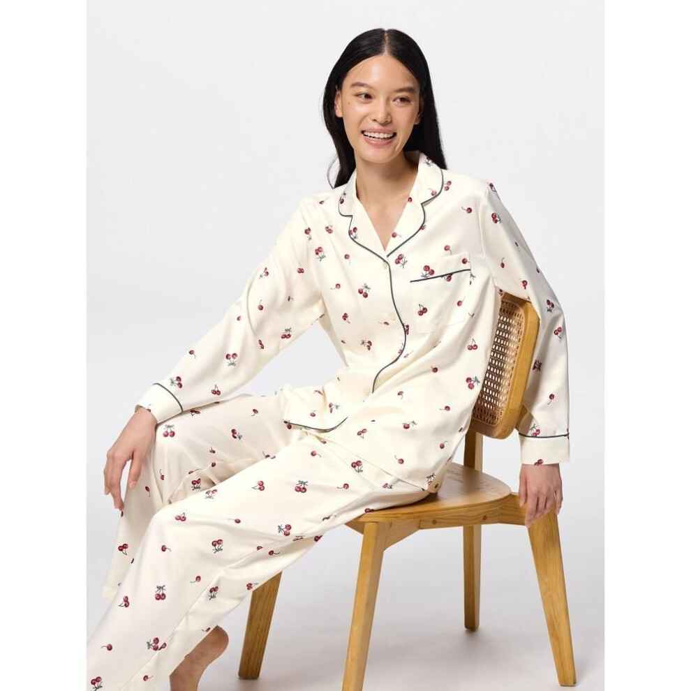 (11 PINK/3XL) Gu By Uniqlo Satin Pajamas  Long Sleeves   Long Pants   Cherry