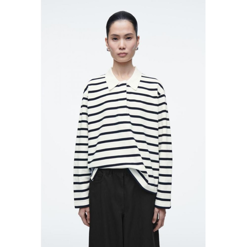(white/stripe/M) Cos Japan Relaxed Stripe Long Sleeve Polo Shirt