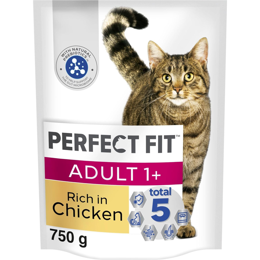 Perfect Fit Adult 1+ Complete Dry Cat Food for Adult Cats Aged 1+ Years, Rich in Chicken, 4 Bags (750 g)