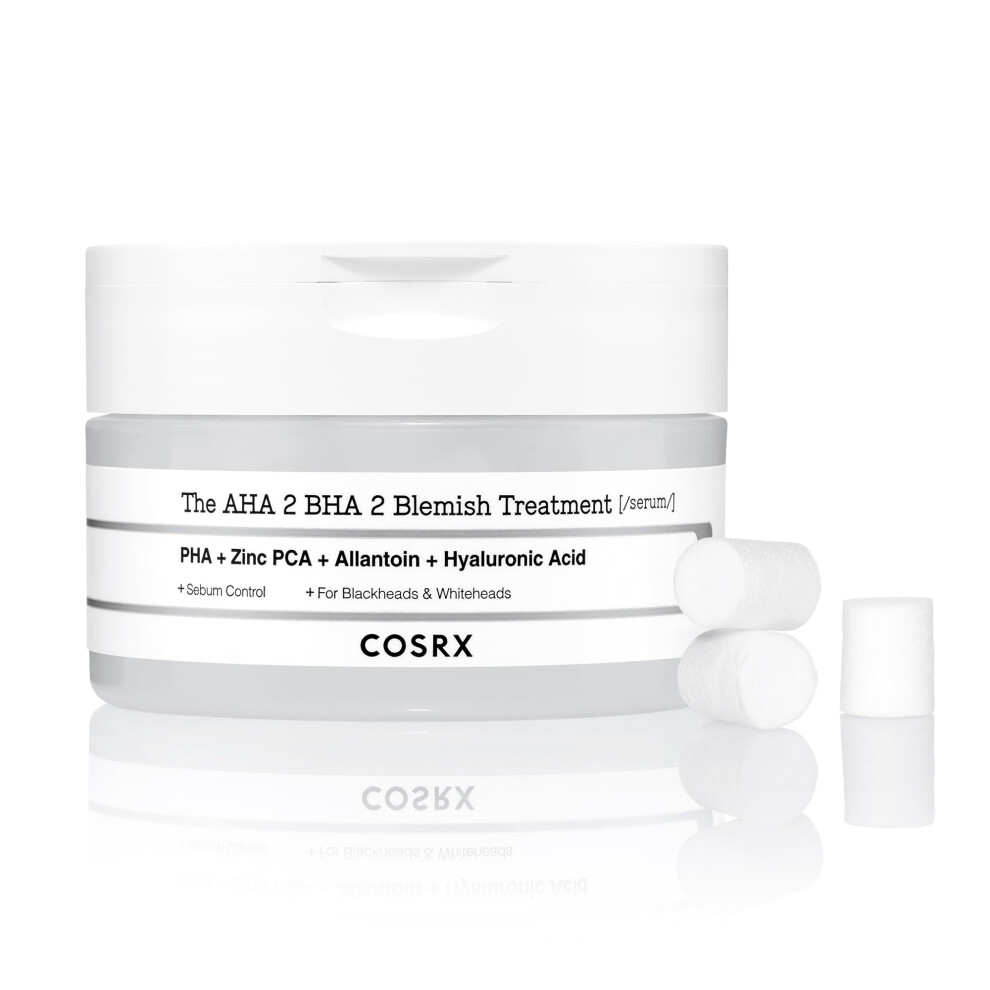 Cosrx Aha 2% Bha 2% Blemish Treatment Serum, 60+ Pure Cotton Balls, Quick & Easy Daily Spot Treatment, Blackheads & Whiteheads, Sebum Control, Paraben Free,
