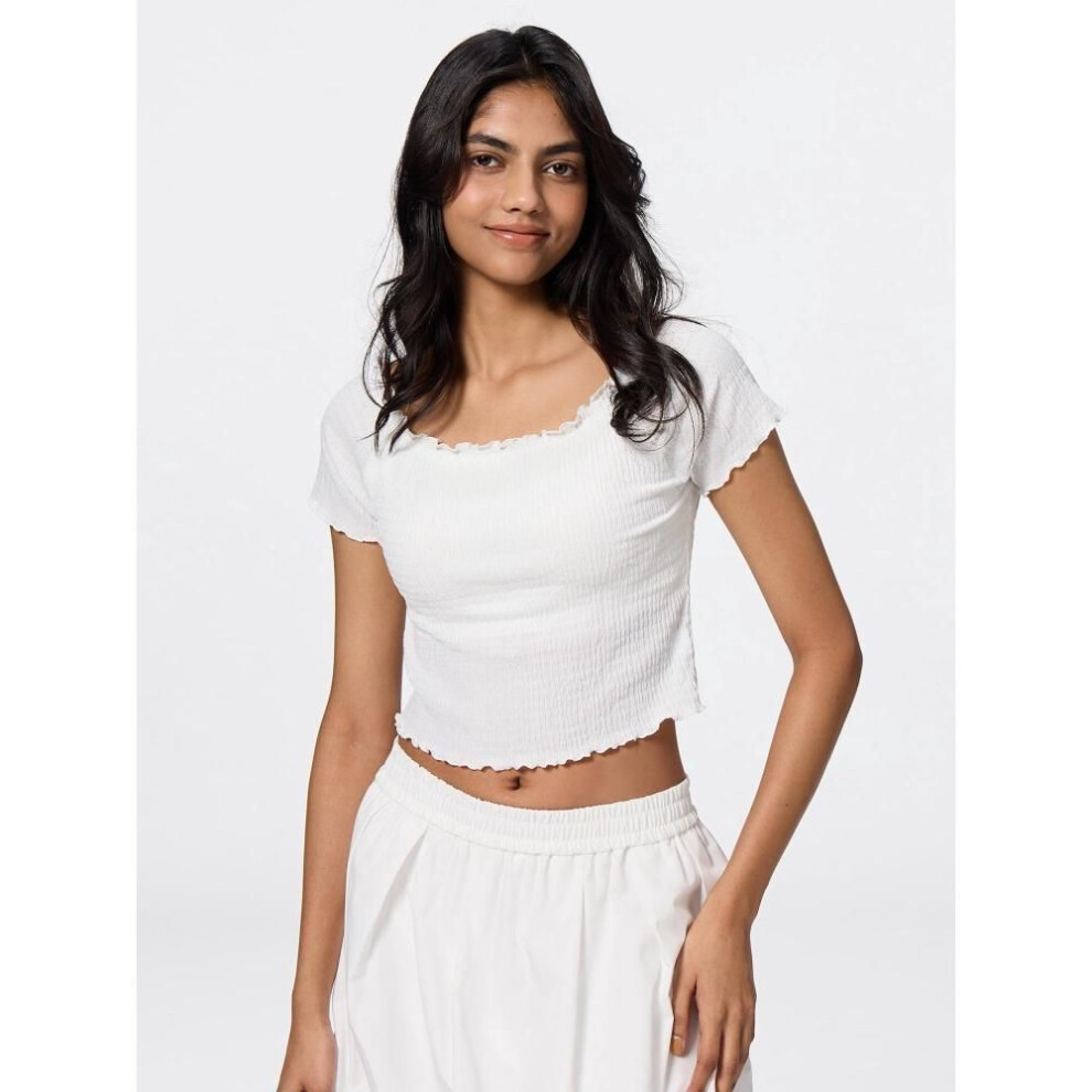 (09 BLACK/S) Gu By Uniqlo Bra Feel Cropped Shirring Off Shoulder Tee