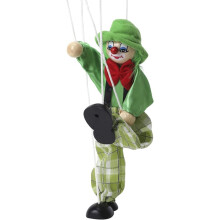 (Green) Vintage Wooden Clown Marionette Puppet with Colorful Outfit & Hat - Fun String Toy