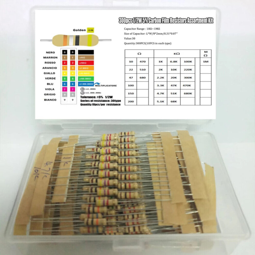 (With Box) 300Pcs 30Values 10-1M 1/2W 5% Carbon Film Metal Resistors Assortment Kit 8727971246887