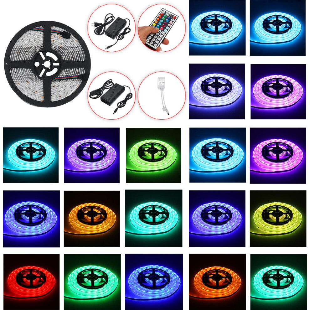 (US Plug, 3M) 1M/2M/3M/5M Waterproof LED Strip Light RGB 5050SMD Flexible Ribbon Tape + 44 Key Remote Control +Power Adapter