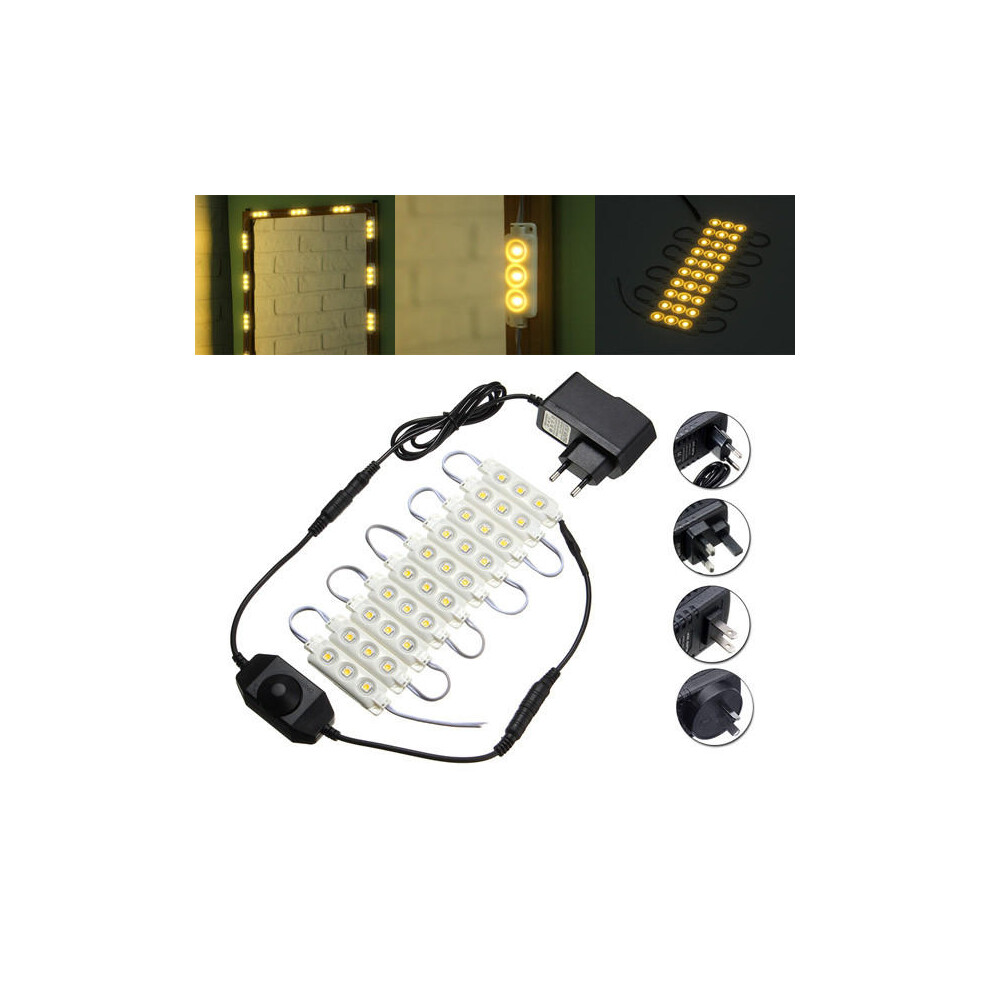 (US Plug) 1.5M SMD5050 Waterproof Warm White LED Module Strip Light Kit Mirror Signage Lamp + Adapter DC12V