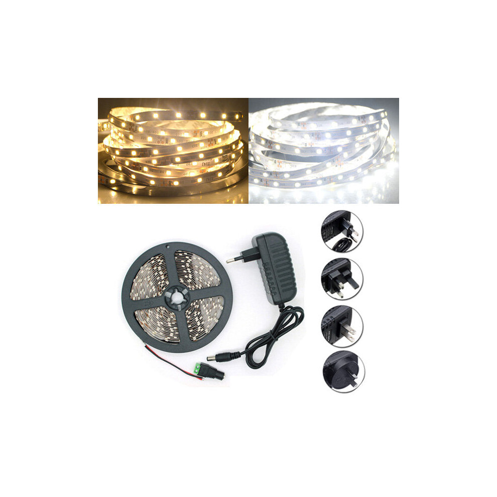 (White, EU Plug) 5M SMD 2835 300 LED White/Warm White LED Strip Flexible Light + Power Supply + Connector DC 12V