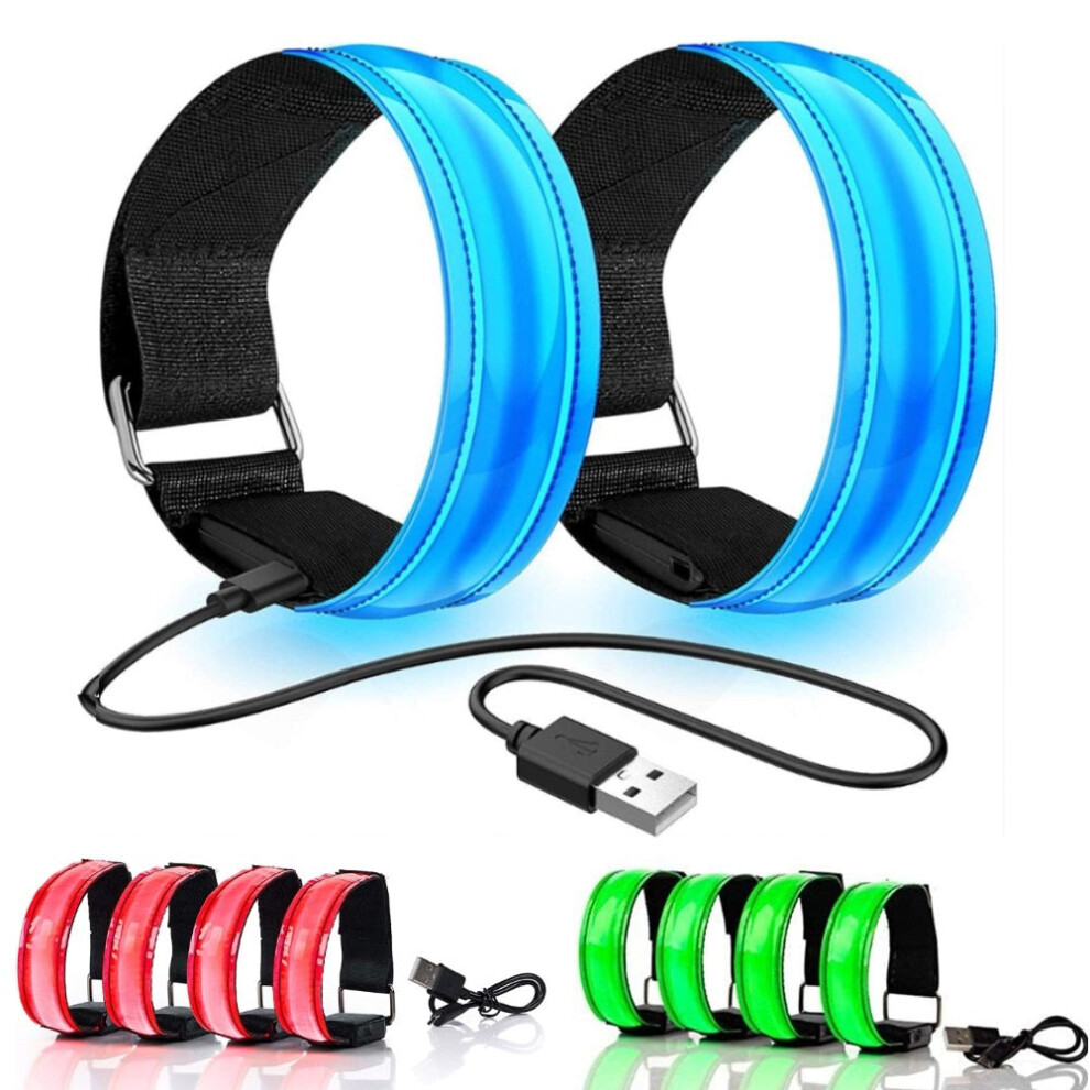 (Blue, 4pcs) USB Charging LED Luminous Night Running Armband Bracelet Night Reflective Safety Belt Outdoor Sports Luminous Arm Band