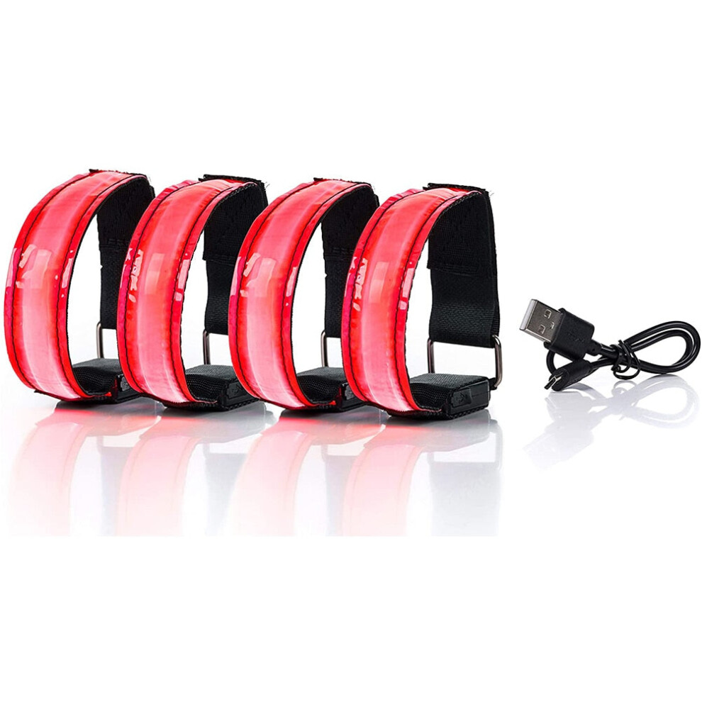 (Red, 4pcs) USB Charging LED Luminous Night Running Armband Bracelet Night Reflective Safety Belt Outdoor Sports Luminous Arm Band