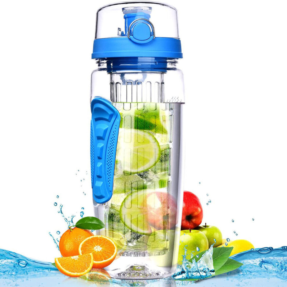 (Blue) 1L Sport Fruit Infuser Water Bottle with Dual Anti-Slip Grips Flip Top Lid Water Bottle for Office and Home Drinking Cup