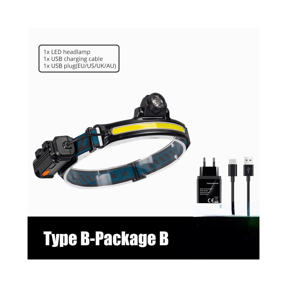 (Type B-Package B) IR Sensor LED Headlamp Powerful XPG+COB Headlight 2000mAh 18650 USB Head Lamp Portable Floodlight Flashlight Waterproof Lantern