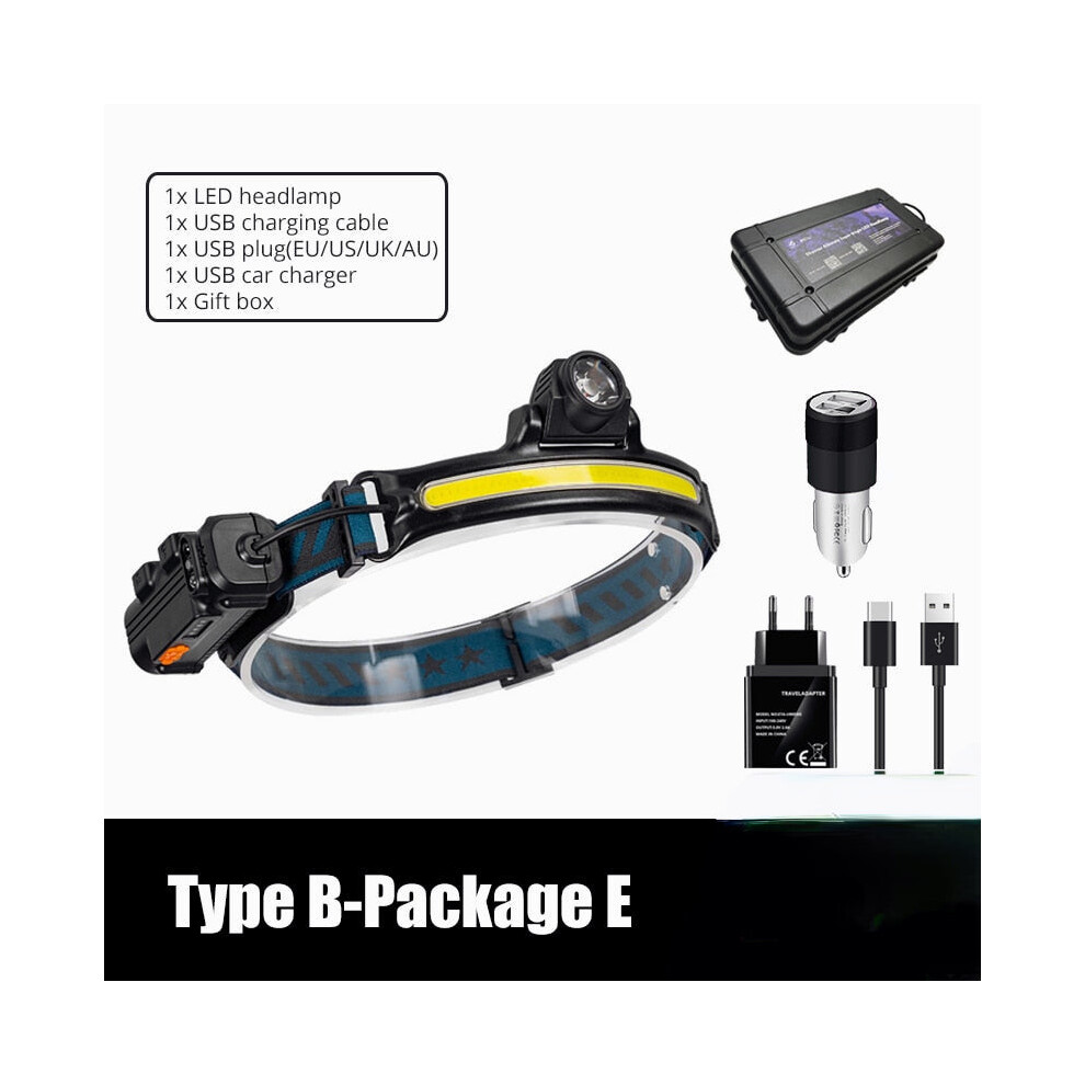 (Type B-Package E) IR Sensor LED Headlamp Powerful XPG+COB Headlight 2000mAh 18650 USB Head Lamp Portable Floodlight Flashlight Waterproof Lantern