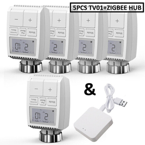 (Wireless Gateway+5pcs Valve Controller) Smart WIFI Thermostatic Radiator Valve Actuator TRV Programmable Temperature Controller Alexa Tuya Google Assistant