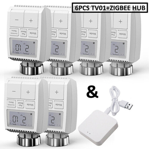 (Wireless Gateway+6pcs Valve Controller) Smart WIFI Thermostatic Radiator Valve Actuator TRV Programmable Temperature Controller Alexa Tuya Google Assistant