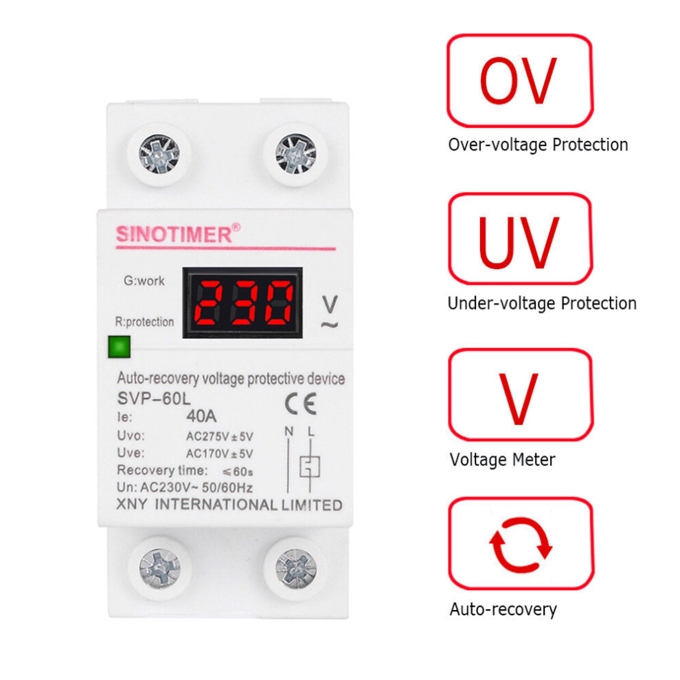 Digital Din Rail Automatic Recovery Over Under Voltage Protector With Voltmeter Display,230V Ac 40A 6112212106860