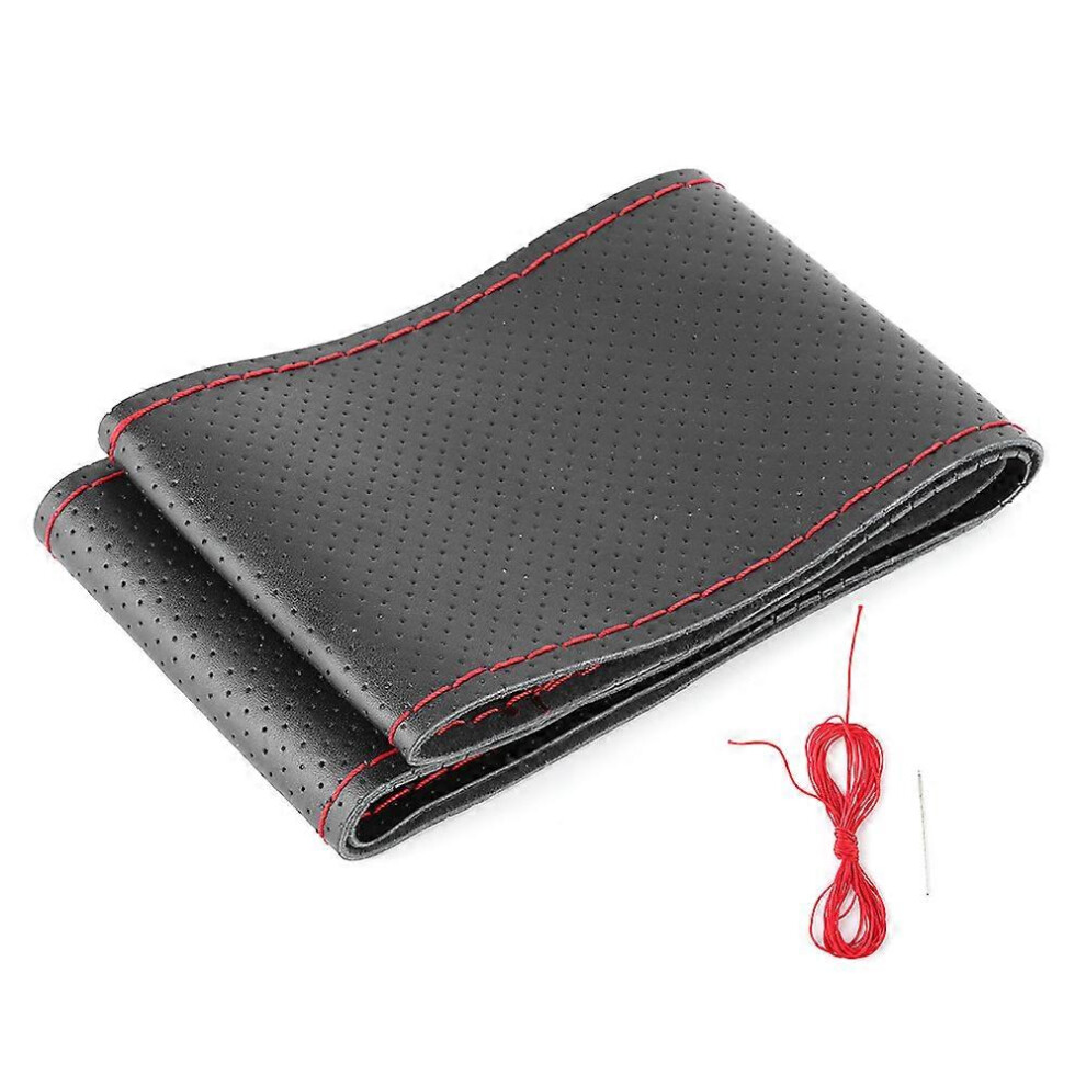 (As Show, One Size) 38Cm/15In Car Steering Wheel Wrap Cover Full Perforated Leather Hand Stitching With Needle And Threadblack Red 6900142754271