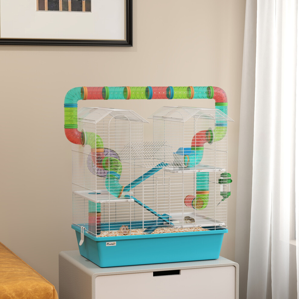 Pawhut 4 Tier Cage With Tubes, For Dwarf Hamster, Light/Blue