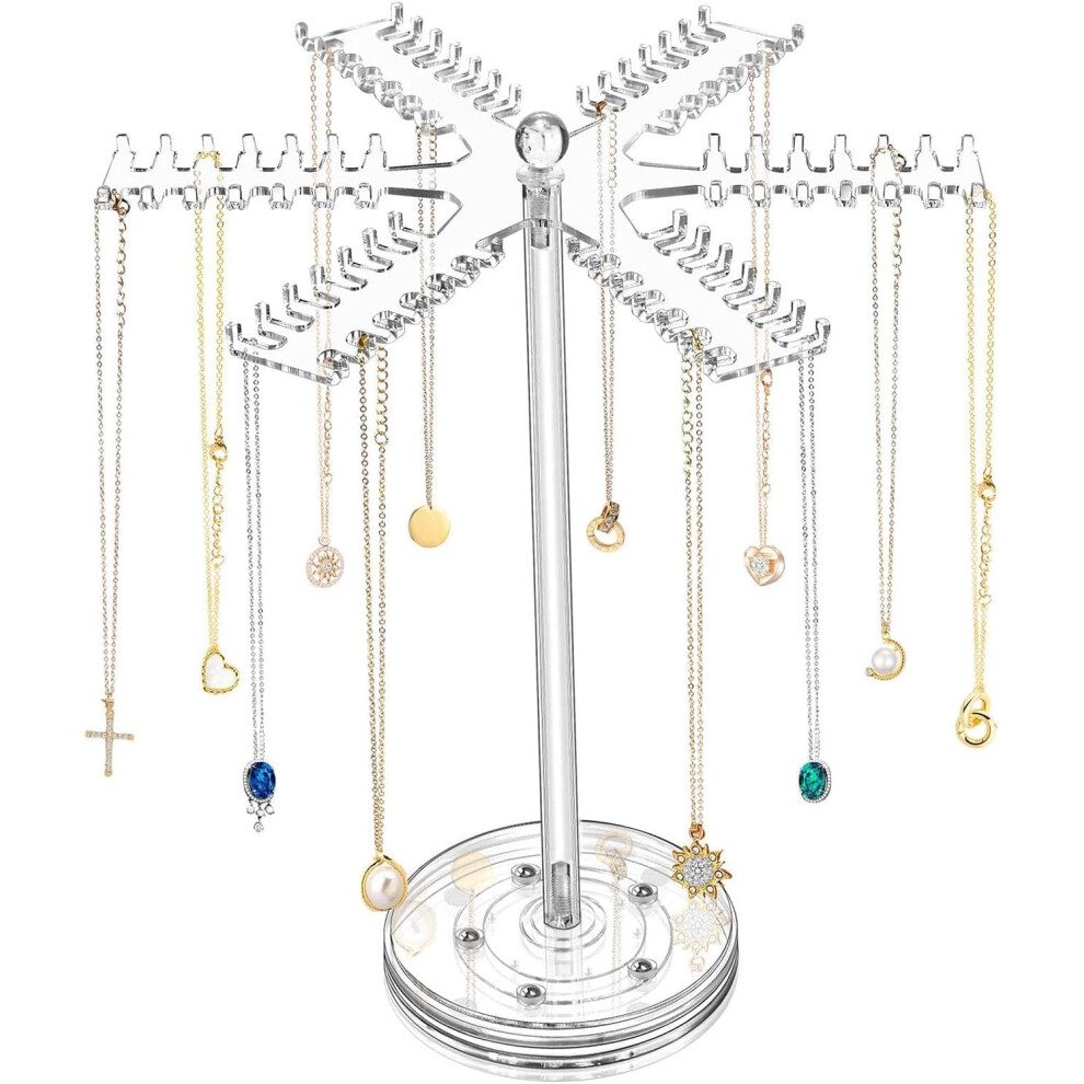 Rotating Jewelry Organizer | 360 Degree Rotating Necklace Display Stand | Snowflake-Shaped Jewelry Storage Rack with 84 Hooks for Bracelets Chains Pen