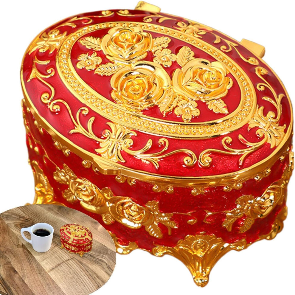 (Red) European Jewelry Box, Flower Metal Box, Antique Jewellery Storage Case with Lid for Earrings, Necklaces, Bracelets, Rings