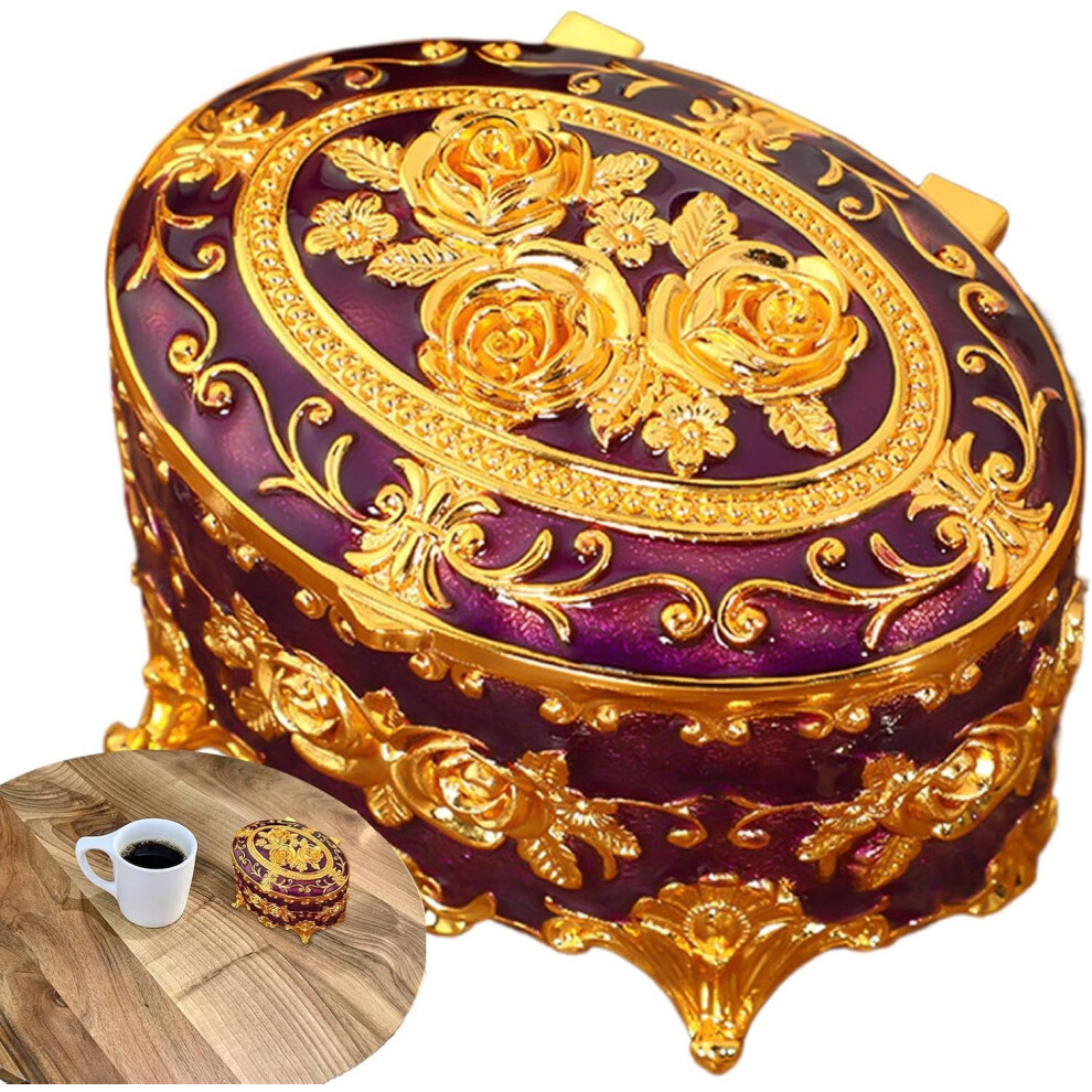 (Purple) European Jewelry Box, Flower Metal Box, Antique Jewellery Storage Case with Lid for Earrings, Necklaces, Bracelets, Rings