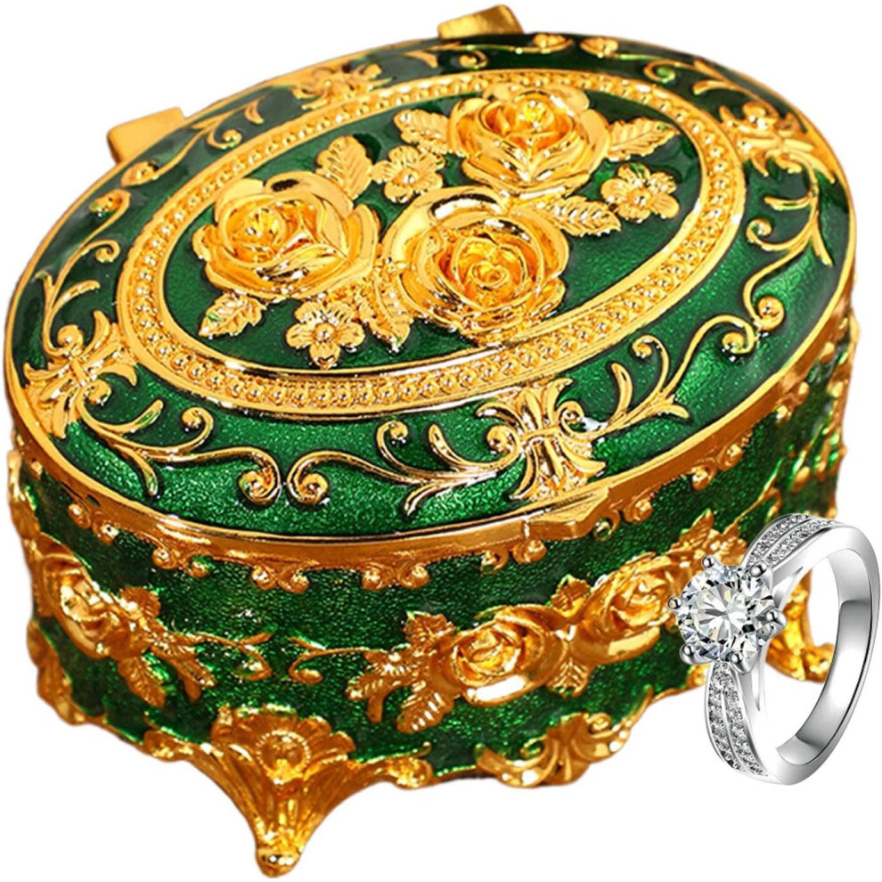 (Green) European Jewelry Box, Flower Metal Box, Antique Jewellery Storage Case with Lid for Earrings, Necklaces, Bracelets, Rings