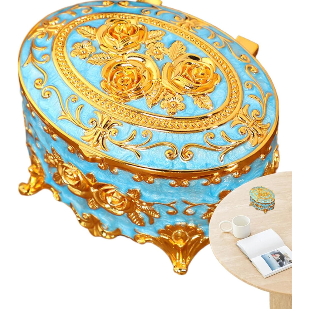 (Blue) European Jewelry Box, Flower Metal Box, Antique Jewellery Storage Case with Lid for Earrings, Necklaces, Bracelets, Rings