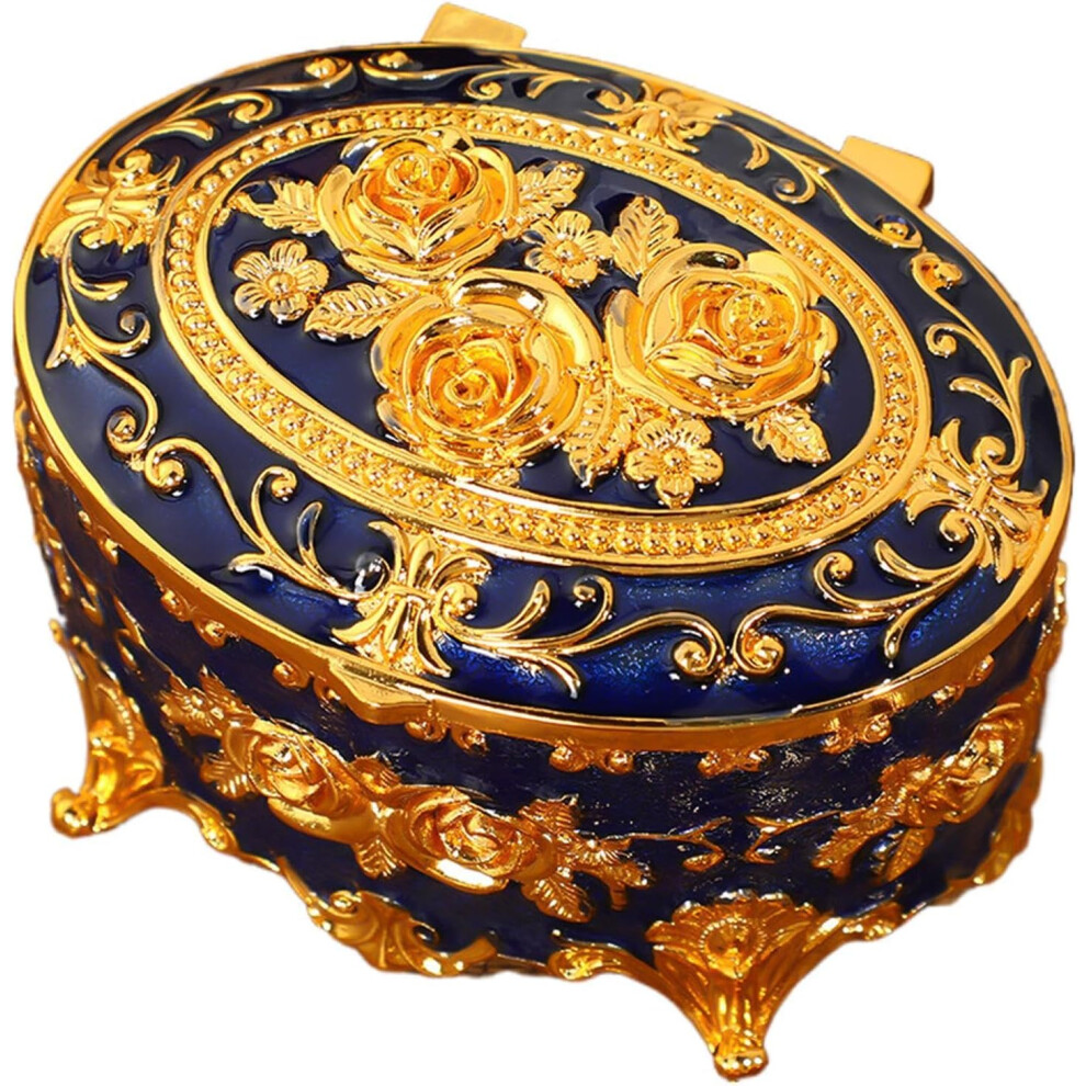 (Dark Blue) European Jewelry Box, Flower Metal Box, Antique Jewellery Storage Case with Lid for Earrings, Necklaces, Bracelets, Rings