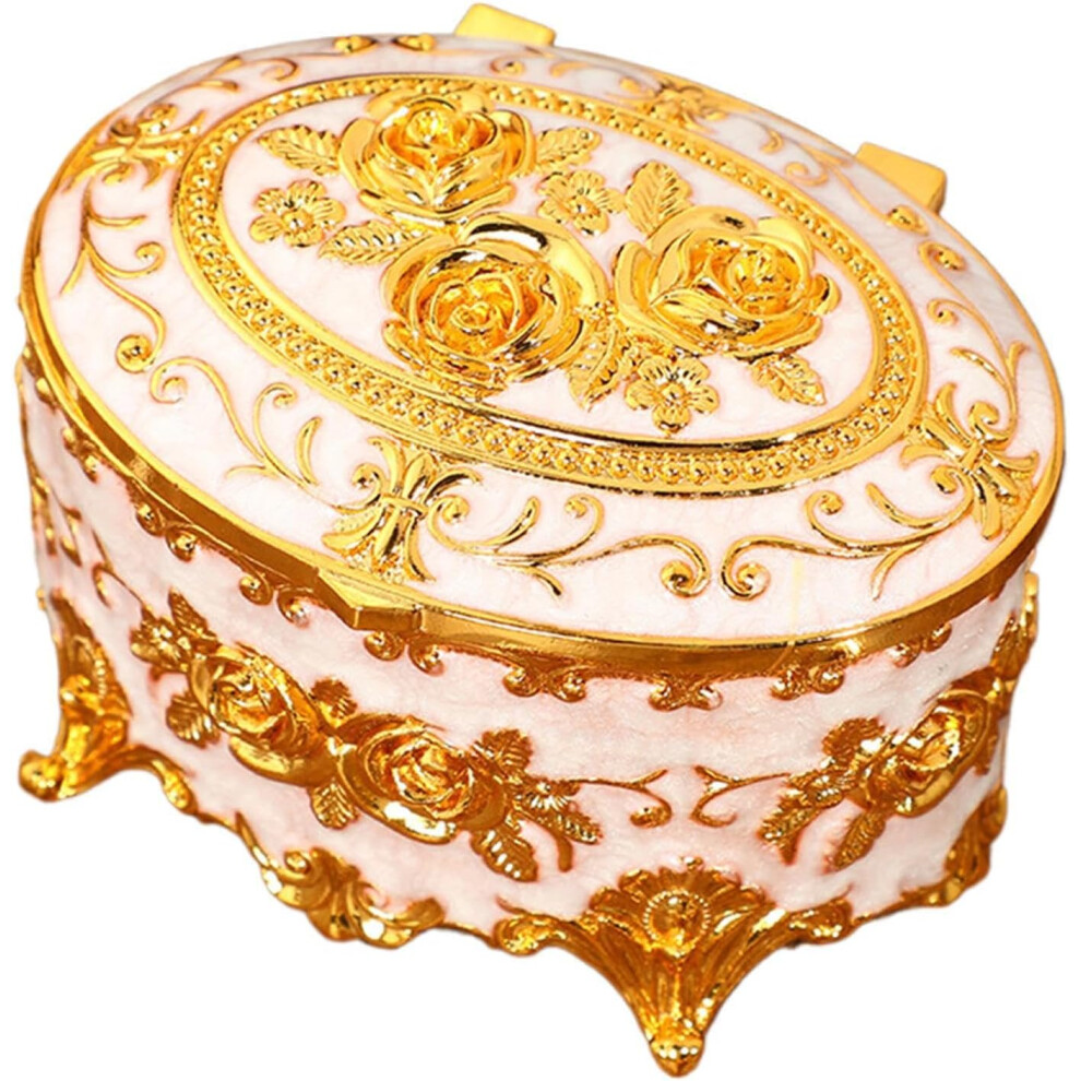 (White) European Jewelry Box, Flower Metal Box, Antique Jewellery Storage Case with Lid for Earrings, Necklaces, Bracelets, Rings