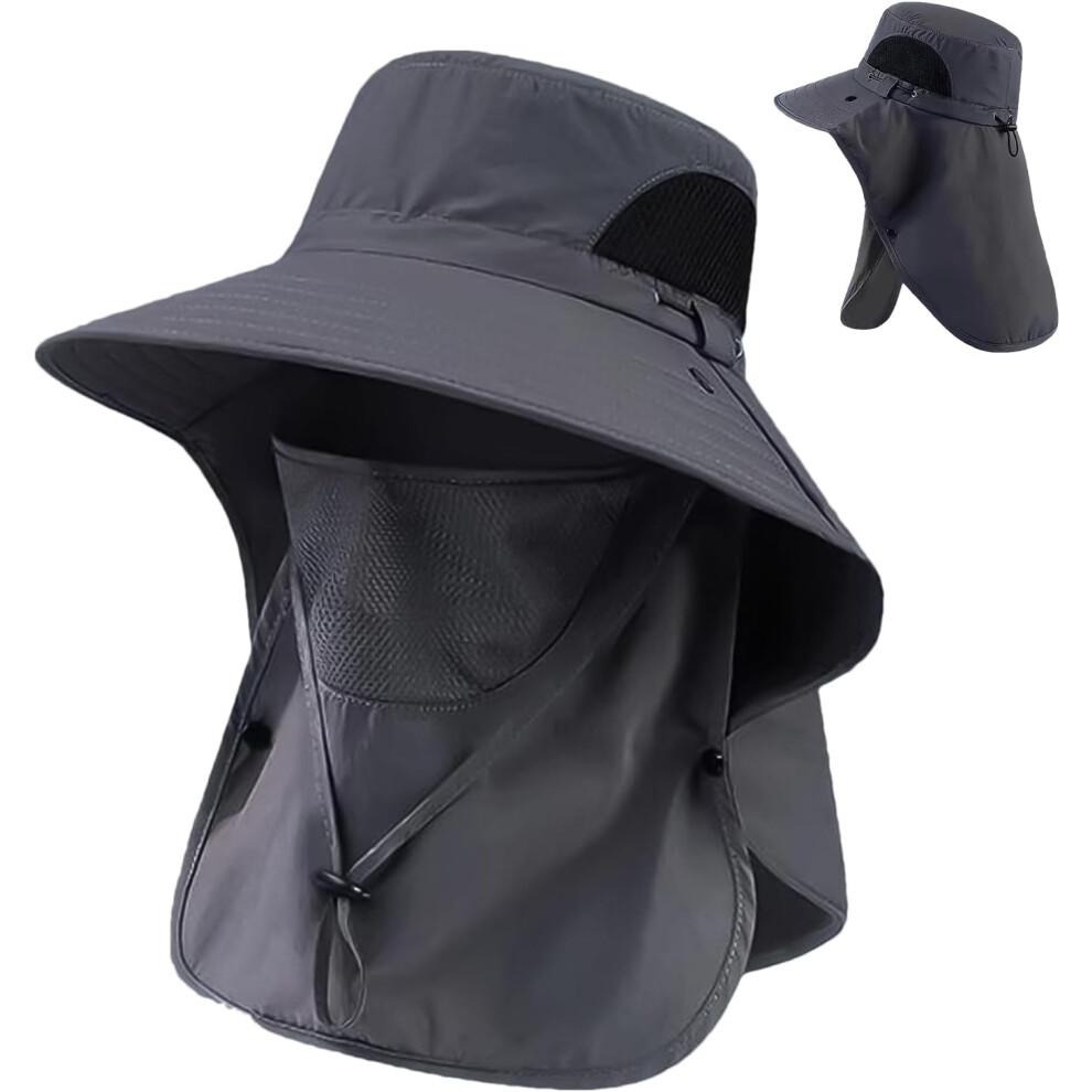 Fishing Hat for Men,Summer UV Protection Safari Hat - Wide Brim Fish Cap with Neck Flap Face Cover Bucket Sunhat for Daily, Outdoor & Travel Gray