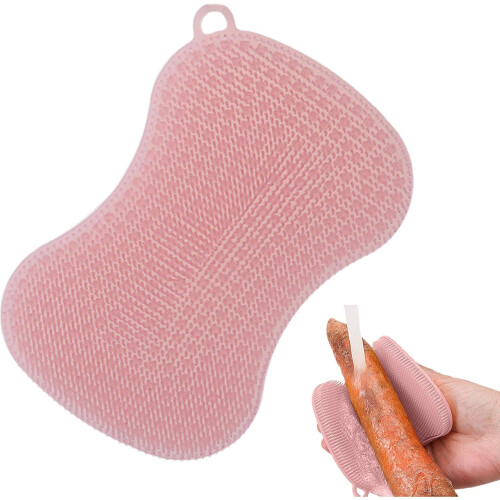 (Pink) Silicone Sponge, Multipurpose Dishwashing Sponge with Soft Bristles, Quick-Drying, Multi-Use Kitchen Sponge, Kitchen Scrubber, Pot Scrubber for