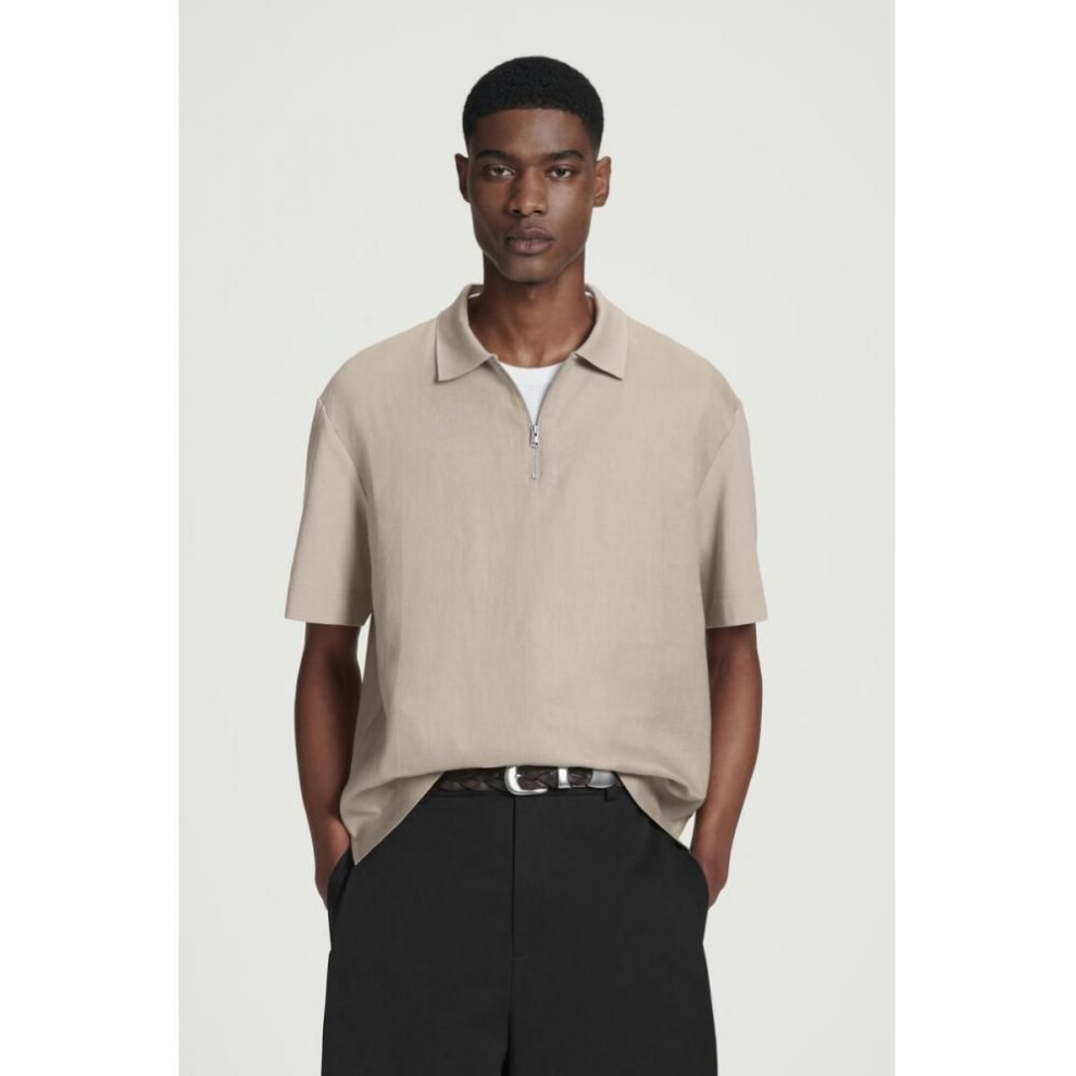 (dark beige/L) Cos Japan Panel Linen Half Zip Polo Shirt