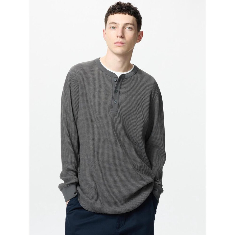 (07 GRAY/XL) Uniqlo Japan Waffle Henley Neck T  Long Sleeve