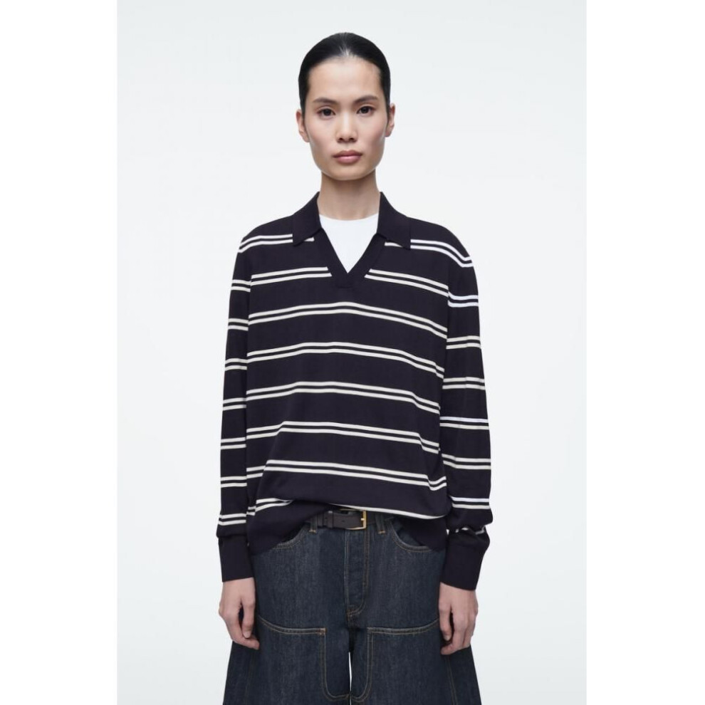 (navy/stripe/M) Cos Japan Knit Silk Polo Shirt