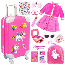 BNUZEIYI 23Pcs 18 Inch Girl Doll Accessories Case Luggage Travel Play Set with Doll Clothes Cute Bag Computer Glasses Pretend Makeup Toy Stickers Doll