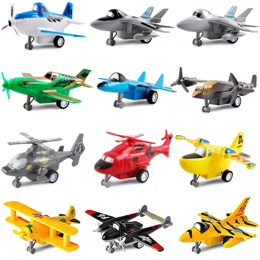 Deao Toys Deao Set Of 12 Pull Back Airplanes Vehicle Playset Variety Pack Of Helicopters, Stealth Bombers, Fighter Jets, Aircraft, Planes, Multicoloured